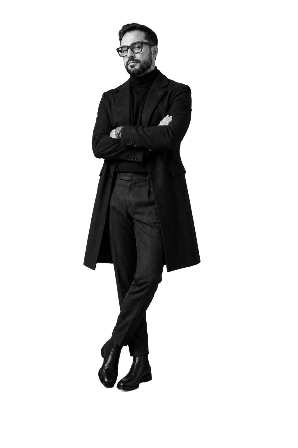Black and white cutout portrait of Samuele Lai standing with arms crossed.